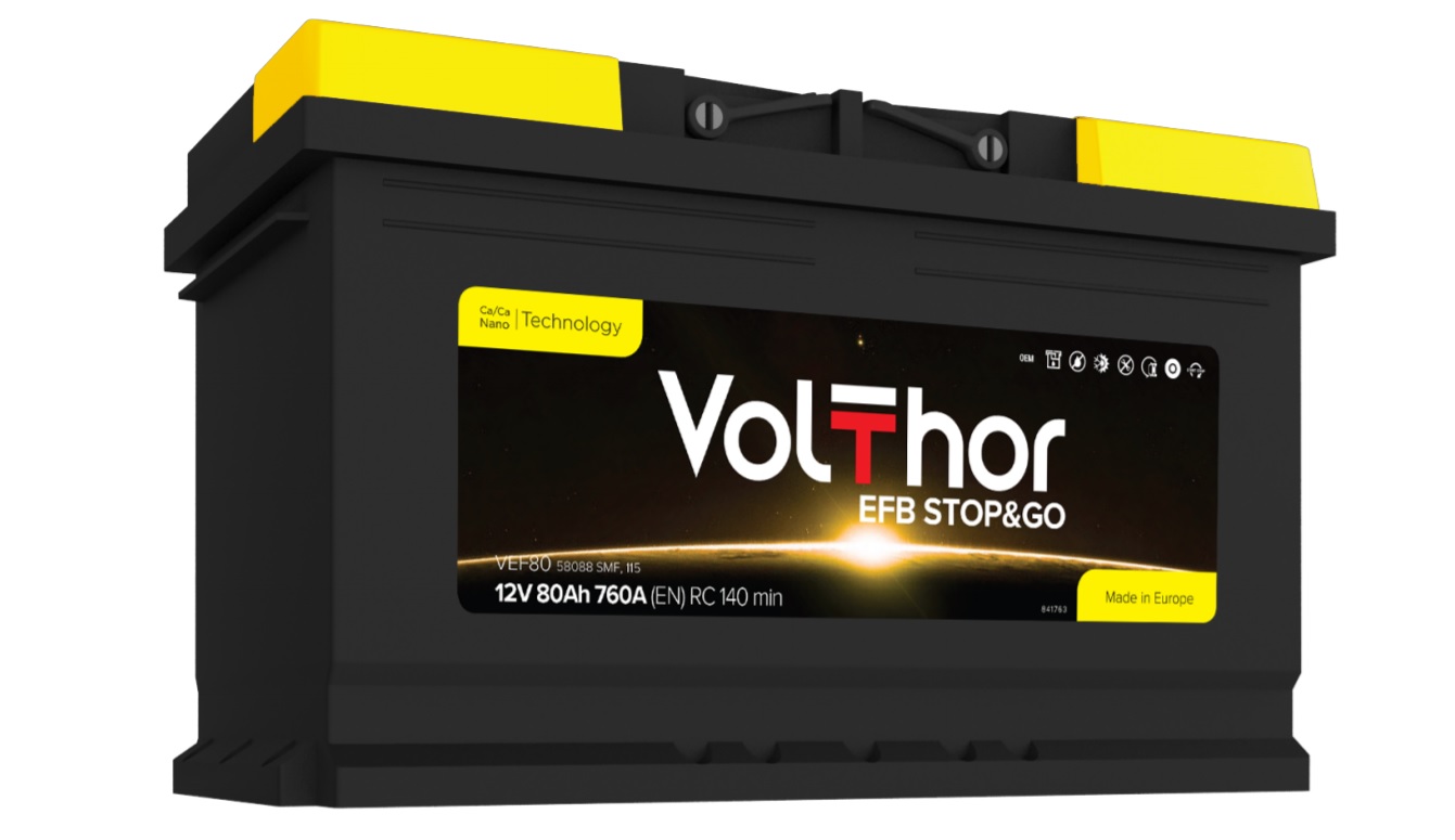 Акумулятор легковий VOLTHOR 6СТ-80(0) (800А) EFB STOP&GO 12B, 80Ah, 800A, плюс зправа (R+) EFB 315X175X190 мм